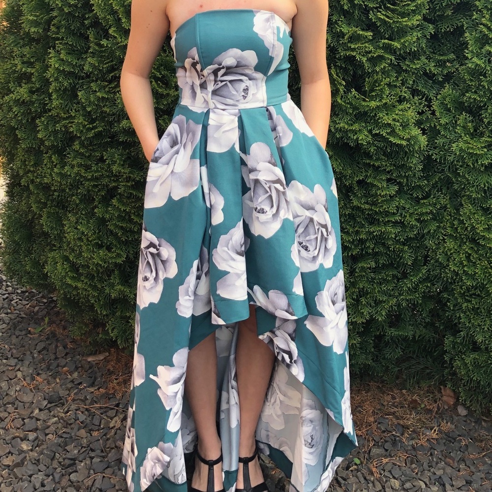 Emerald green, white and black floral dress